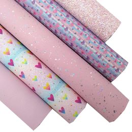 Pink Glitter Leather Sheets Iridescent Synthetic Leather Fabric Hearts Printed Shimmer glitter for DIY Craft 8.2"x11.4" SJ504