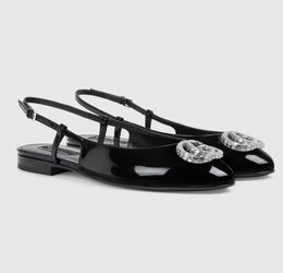 Ünlü marka kristal set çift-g sandaletler ayakkabı kadın patent deri ayakkabı mücevher slingback bayan konfor elbisesi balerin flats eu35-42 kutu ile yeni