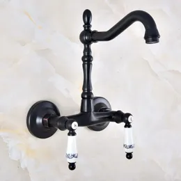 Bathroom Sink Faucets Black Oil Rubbed Bronze Kitchen Faucet Mixer Tap Swivel Spout Wall Mounted Double Handles Mnf832