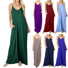 Summer Casual Solid Color Dress For Women Loose Pocket Long Vest V Neck Sexy Suspender Skirt Holiday Vacation Style 240412
