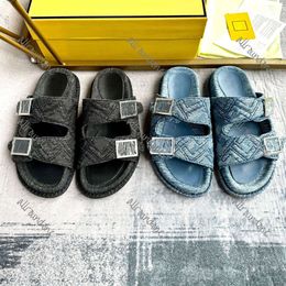 Feel Blue denim slides FF Luxury brand sandals mens womens sandal pool sandals flat sandals Couple Sandals classics beach slippers high quality big size 35 46