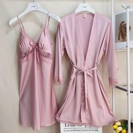 Twinset Lace Robe Set Bride Nightgown Sleepwear Pink Women Kimono Bathrobe Gown Sleep Suit Summer Silky Satin Nightdress