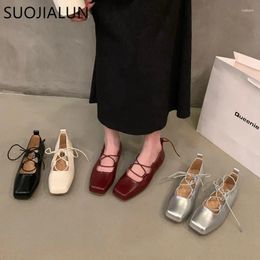 Casual Shoes SUOJIALUN 2024 Autumn Women Flat Fashion Square Toe Shallow Ladies Elegant Ballet Soft Ballerina