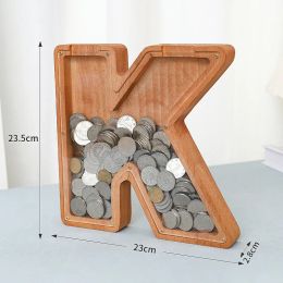 Large Size Twenty-six Letter Piggy Bank Wooden Coin Money Saving Box Jar Coins Storage Box Desktop Ornament Home Decor Crafts