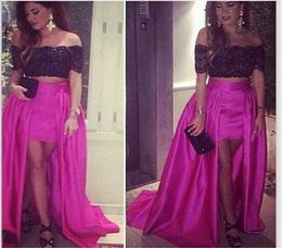 Hi Lo Two Pieces Prom Dresses 2015 Fuchsia Black lace Off Shoulder Party Evening Dress with Sleeves Vestido De Festa Prom Pageant 9562437