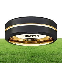 Fashion 8mm Black Tungsten Carbide Ring Gold Groove Matte Brushed Surface Beveled Edge Mens Wedding Band Comfort Fit2609250