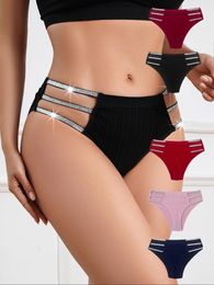 Women's Panties Thong Sexy Silver Strap Briefs Mid Waist Hollow Out Cotton Comfortable Sensual Woman Solid Seamless Underwear