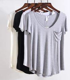 S-4XL Women T-shirt Casual Solid Modal V Neck Short Sleeve T shirts Pure Colour Thin Shirts Top Bottoming Free Style 240403
