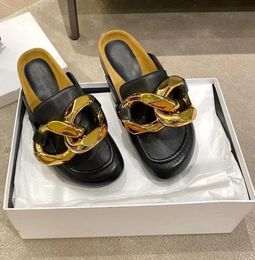 London Luxury Flat Heels Slipper classic JW Loafers Slippers JA Sandals Genuine Leather Wood Bottom gold Chain Sandal luxurys Fash4685084