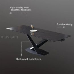 Italian Light Luxury Rock Slab Dining Table Extended Folding Rectangular Household Black Table Kitchen Minimalist Furniture