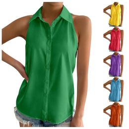 Women's Blouses Sleeveless Button Down Shirts Solid Color Ladies Casual Loose Lapel V Neck Tank Tops Summer Female Clothing 2024