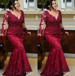 Vintage Burgundy Long Sleeves Prom Mother of the Bride Dresses 2022 Plus size Lace Beaded Sequin Evening Red Carpet Formal Gowns D4540194