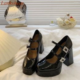 Dress Shoes Round Toe Square Diamond Women Pumps Platform Heel Buckle Strap Retro Mary Jane Solid Fashion Cover Sexy