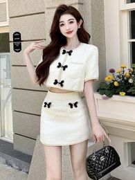 Work Dresses Small Fragrant Wind Set Summer Style Slimming Two Piece O-neck Cropped Tops A-line Short Skirt Women Temperament Chic Suit