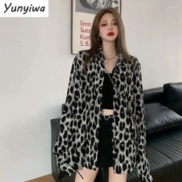 Women's Blouses Design Niche High Street Shirt Hong Kong Style Leopard Print Long-sleeved Blouse Women Spring Retro Mid-length Cool Top