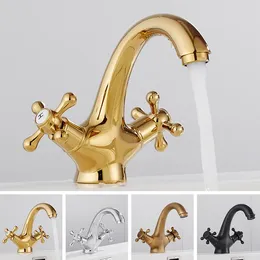 Bathroom Sink Faucets Antique Basin Faucet Double Handle Cross Knobs Tap Solid Brass High Arc Spout Vanity Cold Water Mixer