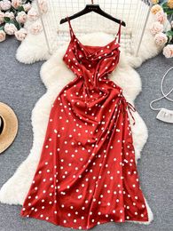 Casual Dresses YuooMuoo Ins Fashion Women Party Red Long Dress Elegant Polka Dot Print Straps Side Split Satin Outfits Vestidos