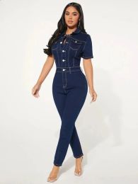 Denim Stretch Jumpsuit Sexy Women Turn Down Collar Skinny Blue Jeans Casual Overalls Rompers