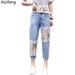 Women's Jeans Denim Loose Ankle-Length Trousers Summer Beading Hole Lace Patchwork Elasticity Fashion High Waist Cross Pants