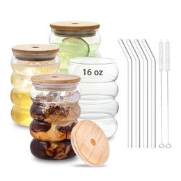 Kemorela 500ml Wave Shape Glass Cup Bubble Drinking Glasses With Lids And Straws Milk Coffee Mug Drinkware Glasses Set