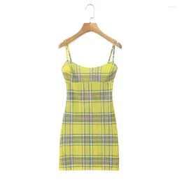 Casual Dresses 2024 Women Cami Dress Plaid Geometric Pattern Print Sleeveless Mini Bodycon Fashion Summer Slit