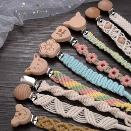 Baby Beech Wood Pacifier Clip Handmade Crochet Cotton Rope Nipple Chain For Nursing Chew Toy Shower Gift Soother 240409