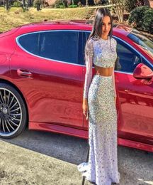 Fashion Two Piece Crystal Long Prom Dress Rhinestone Graduation Dresses Vestido longo Brush Train White Long Sleeve Party Gown Chi7520031