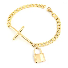 Charm Bracelets Stainless Steel PadLock Lucy Pendant Cuban Chain Corss Connecter Bracelet For Women