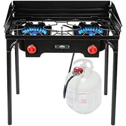 Combos Cast Iron DoubleBurner Outdoor Gas Stove | 150,000 BTU Portable Propane Cooktop w/Blue Flame Control, Removable Legs