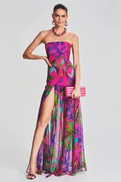 Womens Dress Light Luxury Sexy Strapless Slit Long Dress Flowing Seaside Vacation Style Romantic Printed Evening Summer Dress 240411