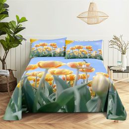 Blue Sky Tulip Queen Sheet Set Girl, Lovers Room Bedding Set Bed Sheets and Pillowcases Bedding Flat Sheet Bed Sheet Set