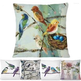 Pillow Tree Birds Flower Cover Colorful Oil Painting Decorative Pillows For Sofa Pillowcase Decoration 45X45cm