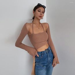 Women's Two Piece Pants Pure Desire Suit Halter Spaghetti Straps Small Vest Trumpet Long-Sleeved Off-Shoulder Cardigan Top Sweet And Spicy