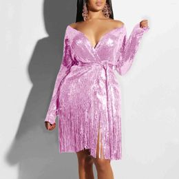 Casual Dresses Sexy V Neck Club Night Sequin Dress Women's Long Sleeve Fringe Party Cocktail Luxury Evening Off Shoudler Short