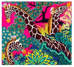 New 90cm90cm Manual Hand Rolled Twill Silk Scarf Women Three Giraffes Printing Square Scarves Foulards Femme Wrap Bandana Hijab4934167