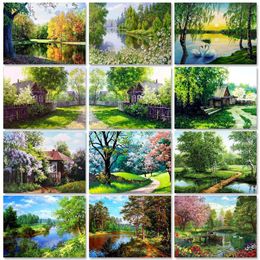 GATYZTORY 5D Diamond Painting Kits With Frame Forest Countryside Landscape Handmade Diamond Embroidery Home Decors Gift