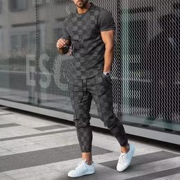 Summer Men Fashion Trend Trousers 2 Pieces Tracksuit 3D Print Outfit Set Tshirts Long Pants Sportwear Jogging Suit Clothing 240410