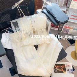 Pants Beach Strapless Camisole Tank Tops Korean New Spring Thin Wide Leg Pants Sets 2 Piece Set Chiffon Blouse Slim Shirts