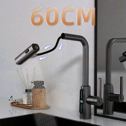 Waterfall Temperature Digital Display Pull Out Kitchen Faucet 3 Modes Stream Sprayer Hot Cold Water Sink Mixer Tap For Kitchen