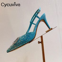 Dress Shoes Sexy Pointy Toe Sling Back High Heel Sandals Women Multicolour Inlaid Crystal Stiletto Summer Designer Party Wedding