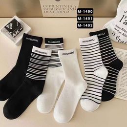 Socks & Hosiery 23 Autumn European Goods Simple Black White Striped Mid Length Cotton with Holistic Letters Versatile Trendy