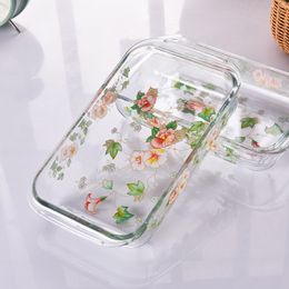 Glass Dishes Flower Pastoral Rectangular Microwave Baking Tray Baked Rice Salad Plate Large Capacity Food Container Tableware