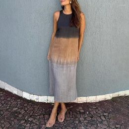 Casual Dresses Women's Gradient Tie-Dye Long Dress Spring Round Neck Patchwork Slit Party Summer Sleeveless Loose Boho Beach