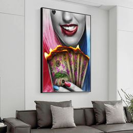 Red Lips Smoking Woman Wall Art Canvas Prints Golden Watch Burning Dollars Money Cigarette Rich Girl Living Room Posters Decor
