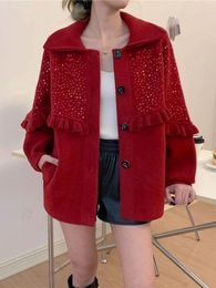 2023 Autumn Black Sequin Ruffles Woolen Coat Women Red Turn-down Collar Long Sleeve Plus Size Slim Jacket Cardigan Outerwear Y2k