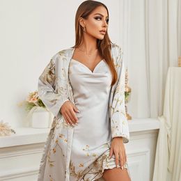 Women's Four Seasons Pajamas Silk-Like Satin Luxury Home Wear Medium Length Lace Up 2PC Set Of Night-Robe Nightgown Leisure Suit