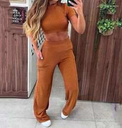 Women's Two Piece Pants Fashionable Solid Short Sleeve Knitted Crop Top & Casual Wide Leg Set Summer Female Commuting Trousers Outfits