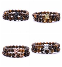 2 PcsSet Animal King Lion Head Tiger eye Bracelet Black Natural Stone Crown Couple Braclet Sets For Men Hand Jewelry Accessories2636083