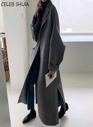 Chic Gray Woolen Long Coat Woman Autumn and Winter Turndown Neck Wool Jacket Korean Keep Warm Loose Blends Clothing Fall 2110225108333