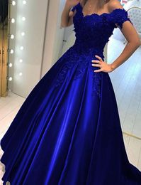 Royal Blue Ball Gown Cheap Prom Dress Off the shoulder Lace 3D Flowers Beaded Corset Back Satin Evening Formal Dresses Gowns New9224107